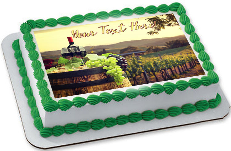 Red Wine with Barrel on Vineyard Edible Cake Topper